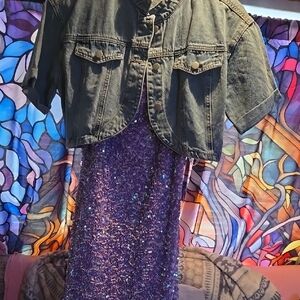 Denim Jacket with Purple Sequin Dress